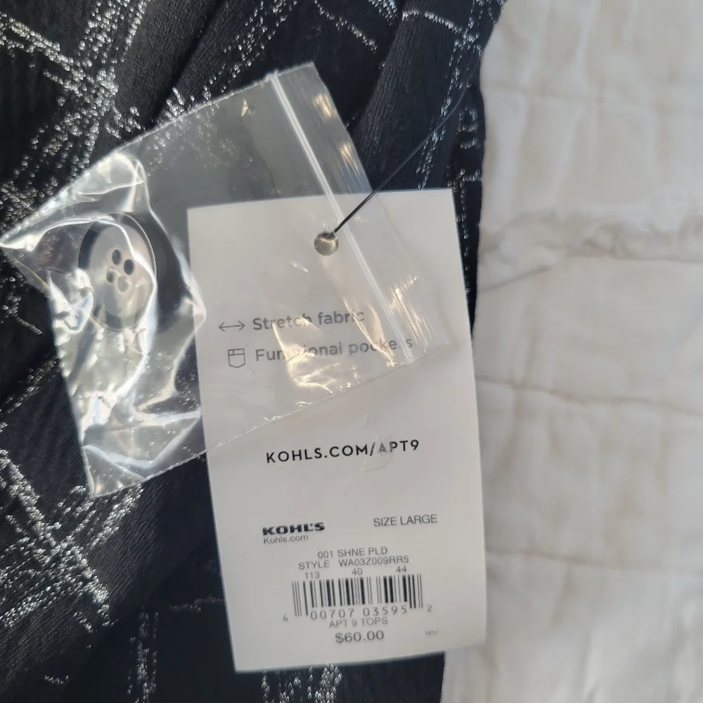 APT. 9 Ponte Stretch Knit Jacket Shine Plaid L NWT Black & Silver - Picture 11 of 16